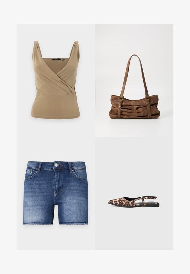 Hihaton beige toppi, jossa on syvä V-pääntie ja kietaisumuotoilu. Valmistettu sileästä kankaasta, jossa on hienovaraisia poimuja olkapäillä ja istuva vyötärö.; Denim-shortsit keskikokoisessa sinisessä pesussa suoran leikkauksen kanssa. Ominaisuuksiin kuuluu haalistuneita kohtia, etupocket ja raaka helma alaosassa.; Litsewithi le leopard le tsenyang ka sekhokho sa flat se nang le methati e amanang, le mahlakore a bulehileng le theko e nyenyane e ntsho. Thepa e bonahala e borelele ka khanya e bonolo.; Even&Odd Käsilaukku - brown