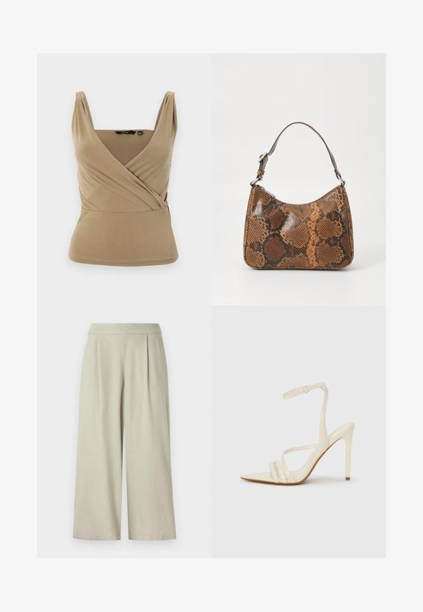 Top sin mangas en color beige con escote en V profundo y diseño envolvente. Fabricado en una tela suave con sutiles pliegues en los hombros y cintura ajustada.; Pantalones de pierna ancha en gris claro, confeccionados en una tela suave, con una cinturilla suave y pliegues frontales, que alcanzan la longitud a mitad de pantorrilla.; Sandalias de tacón alto beige con punta estrecha, que cuentan con tres tiras frontales y una tira delgada en el tobillo con hebilla. Textura lisa, diseño minimalista.; Pequeño bolso de mano con un patrón de piel de serpiente marrón y negro, correa corta ajustable y cierre de cremallera.