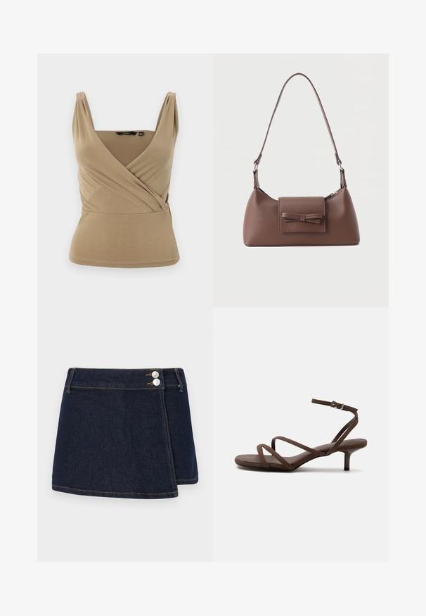 Beige ærmeløs top med en dyb V-udskæring og indpakningsdesign. Fremstillet af glat stof med subtile plisseringer ved skuldrene og en tætsiddende talje.; Mørk denimnederdel med draperet design, to sølvknapper i taljen og kontrastsyninger langs kanten og sømmene.; Brun højhælet sandal med tynde krydsede stropper og en ankelrem med en sølvspænde på en hvid baggrund.; Brun skuldertaske i læder med en frontlomme med klap, der har en sydd sløjfedetalje, og en justerbar rem.