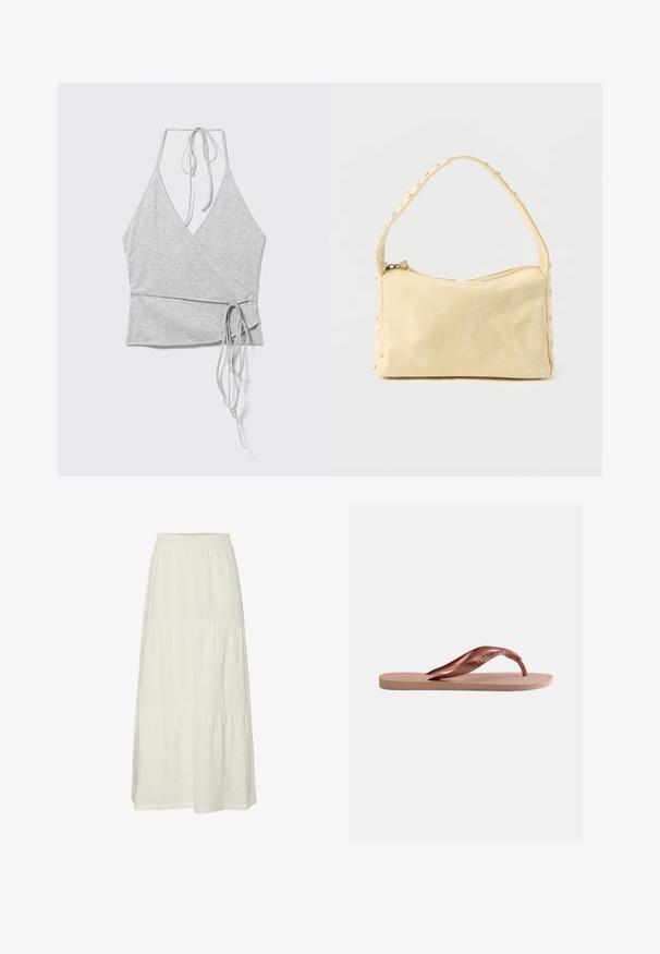 Helehall hall sleeveless wrap-top sügava V-kaelusega, kaelal halter-sidemed ja vasakul küljel pikad vöölaiendid.; Valge, mitmekihiline maxi-seelik, mis on valmistatud kergest tekstureeritud kangast ja millel on elastne vöökoht. Omab kolme erinevat kangasektsiooni.; Üksik roosa kummist plätu tekstureeritud tallaga ja laia Y-kujulise rihmaga valgel taustal.; Väike beež nahast käekott ühe rihmaga ja hõbedaste naeltega piki äärte ja rihma, esitatud ühtse taustaga.