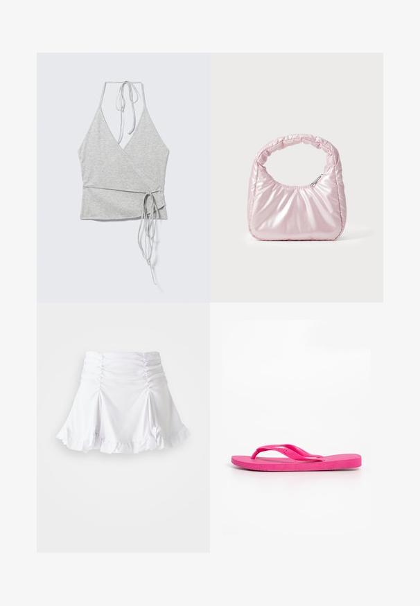Helehall hall sleeveless wrap-top sügava V-kaelusega, kaelal halter-sidemed ja vasakul küljel pikad vöölaiendid.; Valge seelik, mis on valmistatud tekstuursest kangast ning millel on rütmidetailid ja volangääred. Omab laienevat disaini ja hästi istuvat vööd.; Roosa kummist plätu tekstuurse tallaga ja Y-kujulise rihmaga, esitletud külgvaates valgel taustal.; Roosa, polsterdatud käekott ümmarguse disainiga, valmistatud läikivast materjalist. Omab kogutud käepidet ja lukuga sulgemist, et tagada turvaline ligipääs.