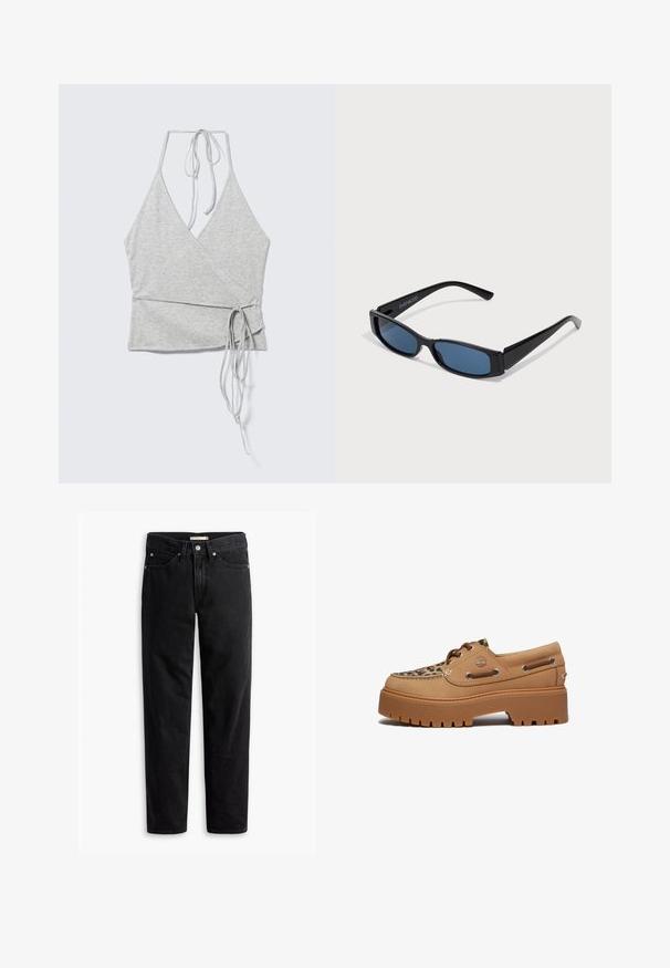Lysegrå ærmeløs omslagstop med dyb V-hals, halterstropper ved halsen og lange taljebånd på venstre side.; Sorte straight-leg jeans med knap- og lynlåslukning, bæltestropper samt for- og baglommer, vist fladt på hvid baggrund.; Timberland STONE STREET - Sejlersko - medium beige; Sorte solbriller med en slank rektangulær ramme og blå linser. Har en glat overflade og robuste stænger. Mærkets logo på siden.