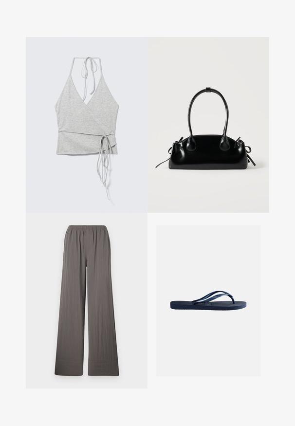 Top cruzado sin mangas de color gris claro con escote en V profundo, lazos halter en el cuello y lazos largos en la cintura en el lado izquierdo.; Pantalones de pierna ancha en una tela texturizada de color gris oscuro. Presentan una cintura elástica y dobladillo cosido.; Chancla de goma azul marino con suela texturizada y tiras en forma de Y, aislada sobre fondo liso gris claro.; Pequeño bolso negro brillante con dos asas largas y detalles de cordón lateral sobre un fondo claro liso.