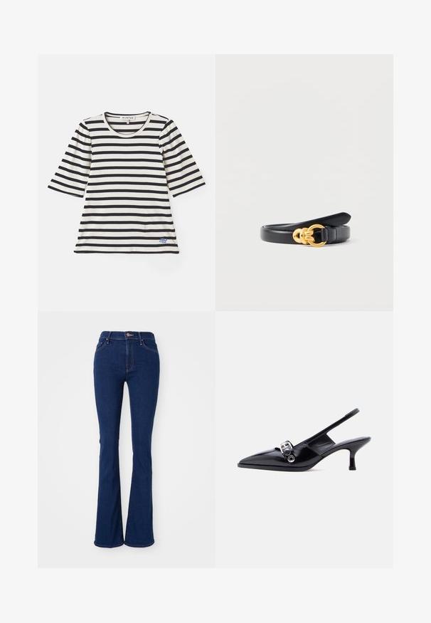 Stribet t-shirt i creme og marineblå, med korte ærmer, ribbet struktur, rund halsudskæring og en lille blå logo-detalje nær kanten.; Flarede mørkeblå jeans i bomuldsdenim, høj i taljen med fem lommer, subtile syninger og en glat finish.; Sort laklæderslingbacksko med lille hæl, spids tå og sølvsfarvet spænde på ensartet hvid baggrund.; Sort læderbælte med en guldfarvet cirkulær spænde med to sammenkædede ringe, rullet sammen og placeret på en hvid baggrund.