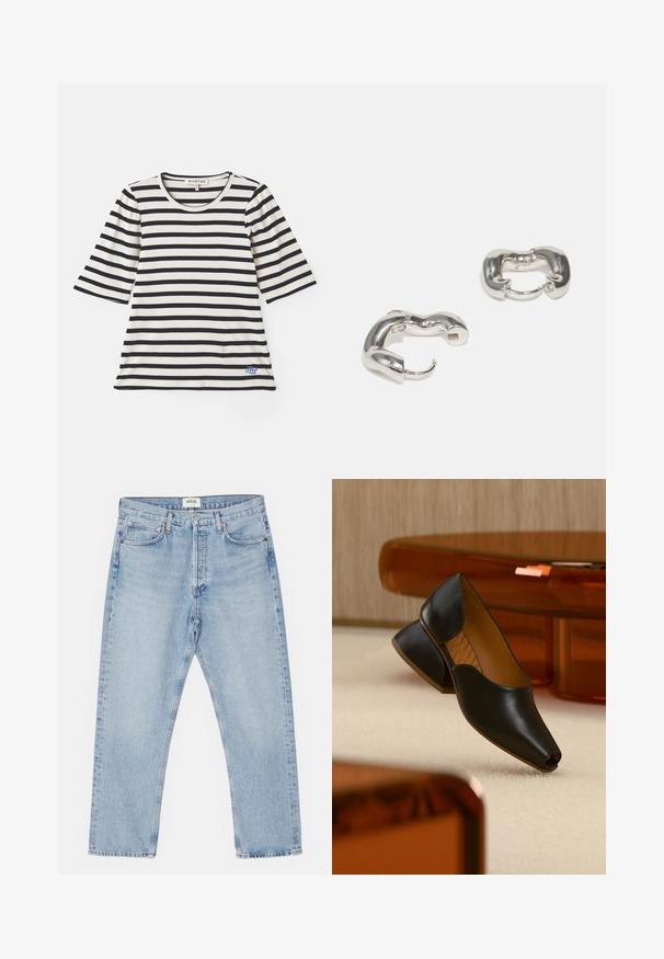 Stribet t-shirt i creme og marineblå, med korte ærmer, ribbet struktur, rund halsudskæring og en lille blå logo-detalje nær kanten.; Lysblå denimjeans med en klassisk lige skåret ben, fem lommer og knaplukning, der har en subtil falmet effekt og en robust tekstur.; Sorte læder åben-tå hæle med en lav, skrå hæl og glat tekstur. Indersålen har et diskret zigzag-mønster.; Sølvøreringe med et glat, bølget design; har en kraftig form og en poleret overflade, der fremhæver en moderne æstetik.