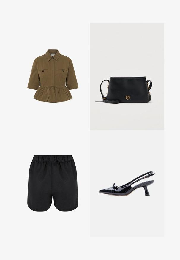 Chemisier marron à manches courtes avec col, deux poches poitrine à boutons et taille peplum froncée.; Shorts noirs avec une taille élastique. Tissu doux, design simple et ourlet légèrement arrondi en bas. Pas de motifs ou de logos visibles.; Chaussure slingback en cuir verni noir avec bout pointu, petit détail nœud et talon évasé de hauteur moyenne sur fond blanc.; Sac à main en cuir noir avec des accessoires dorés, doté d'une fermeture éclair, d'un compartiment principal et d'une bandoulière réglable.