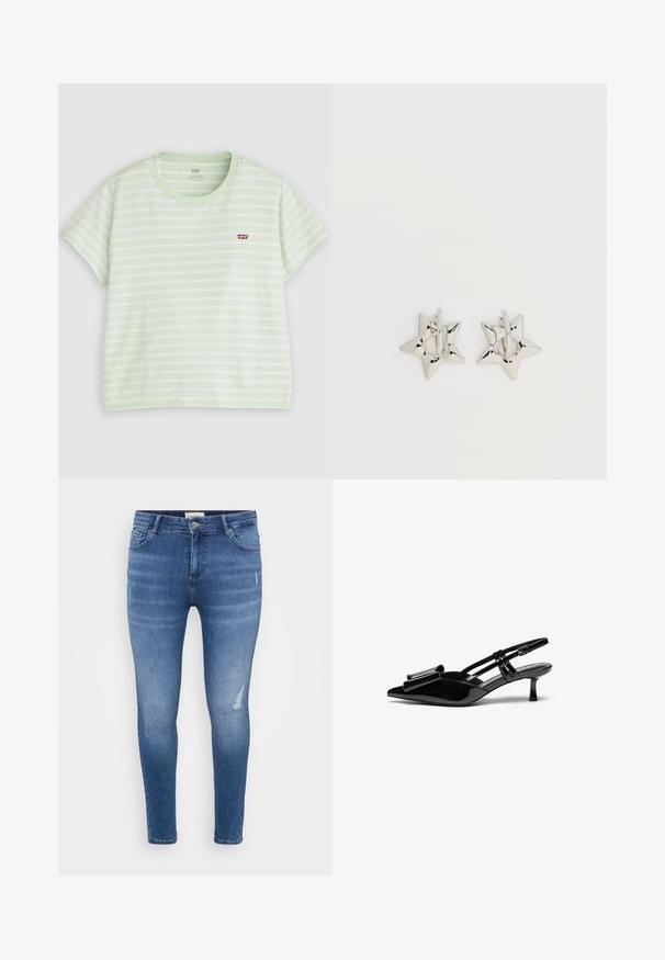 Camiseta de manga corta con rayas horizontales en verde claro y blanco, cuello redondo y pequeño logo rojo de Levi's en el pecho.; Vaqueros ajustados de denim en un tono azul claro con ligeras arrugas, toques desgastados, cinco bolsillos y cierre de cremallera. Textura suave.; Zapatos de tacón slingback de charol negro con punta afilada, detalle de lazo en el frente y un pequeño tacón de aguja. Las correas tienen hebillas ajustables.; Pendientes de aro plateados en forma de estrella con un acabado liso y pulido sobre un fondo blanco liso.