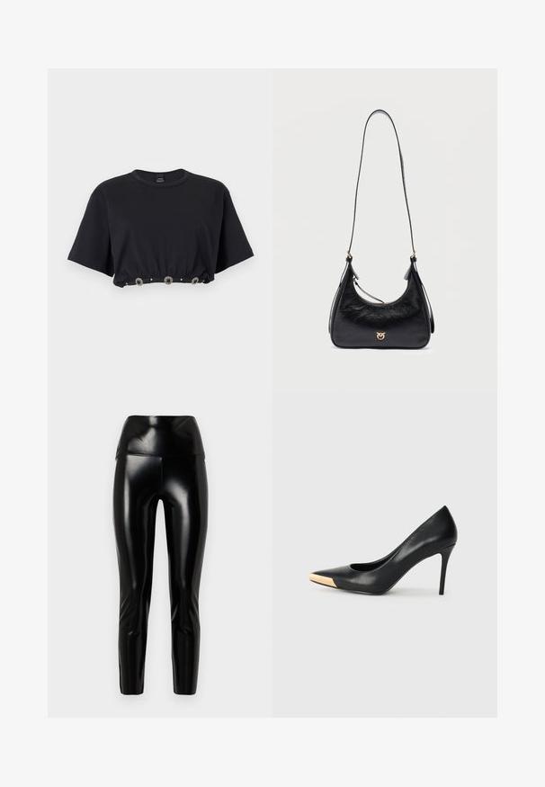 Sort kortærmet crop-top med rund halsudskæring og dekorative cirkulære metalknapper langs den elastiske taljebånd.; Sorte faux læder leggings med høj talje, glat tekstur, tætsiddende ben og en blank finish. Ingen synlige sømme eller udsmykninger.; Sort læder stiletter med spids tå; har et metalisk guldakcent på tåkapperne. Glat overflade med et strømlinet design.; Sort skuldertaske i læder med lang rem, guldfarvet logemblem foran og lynlåslukning.