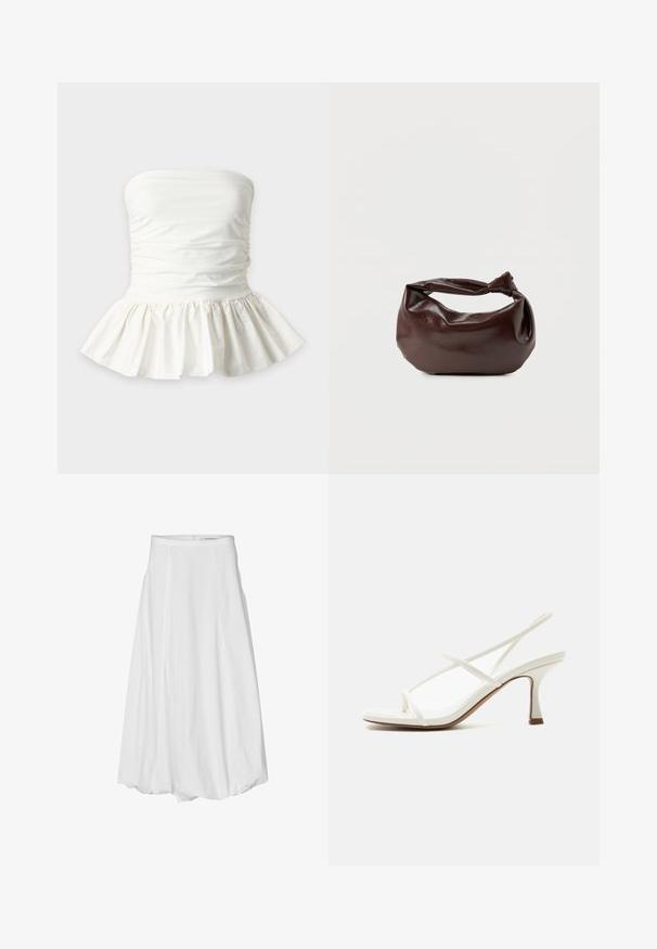 Witte strapless peplum top met geplooide stofdetail rond de buste en uitlopende rucheszoom.; Witte knie-lange rok van soepel katoen, met plooien, een aansluitende tailleband en een ritssluiting aan de achterkant.; Witte dames open teen sandaal met hak en dunne gekruiste bandjes en slingback op een lichte achtergrond.; Donkerbruine leren schoudertas met een zachte, slungelige vorm en een gedraaide knoopvormige handgreep op een effen witte achtergrond.
