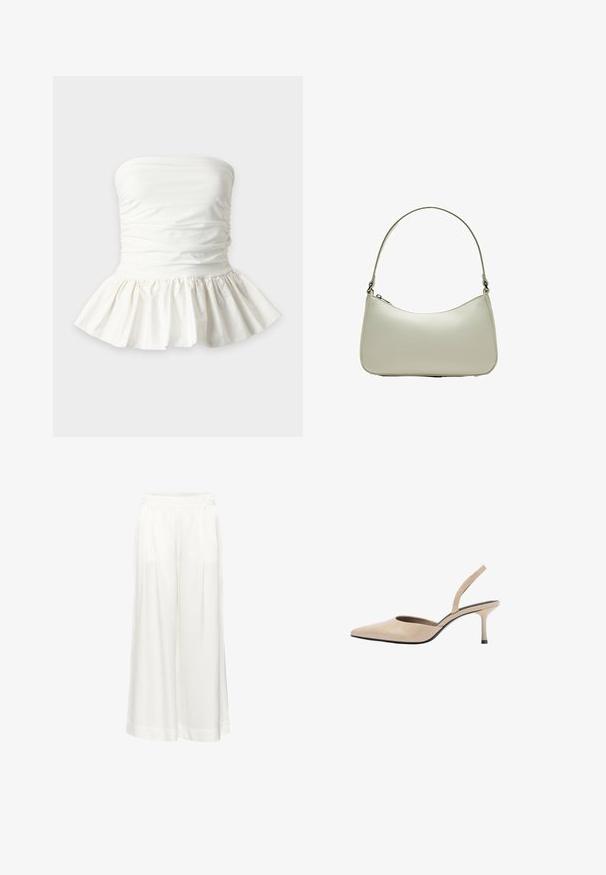 Top péplum blanc sans bretelles avec un détail de tissu froncé autour de la poitrine et un ourlet volanté évasé.; Un pantalon blanc à jambes larges avec des plis, fabriqué dans un tissu léger. Il présente une taille plate et des ourlets retournés. Texture lisse, sans motifs.; Escarpin slingback beige à bout pointu avec talon fin de hauteur moyenne et semelle noire.; Sac hobo en cuir beige clair avec une silhouette incurvée, une bandoulière fine et une fermeture éclair sur le dessus. Texture lisse avec des accents minimaux.
