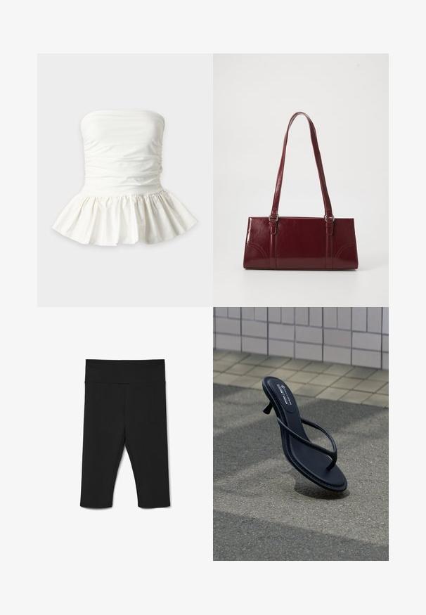 Top peplum blanco sin tirantes con detalle de tela fruncida alrededor del busto y bajo acampanado con volantes.; Leggings negros hasta la rodilla hechos de un tejido elástico, con una cinturilla ancha y costuras planas para mayor comodidad. Sin patrones ni acentos visibles.; Sandalia negra de tacón con tiras flotando sobre un pavimento gris texturizado con un fondo de pared con azulejos.; Bolso burdeos hecho de material brillante, de forma rectangular, con dos asas para el hombro y sutiles acentos curvados en la parte frontal.