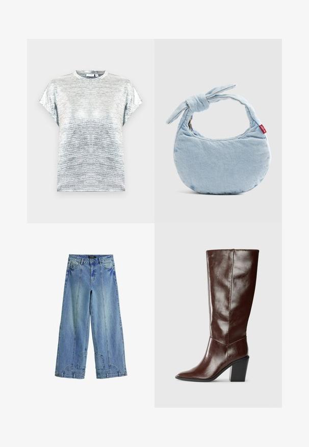 Sølv kortærmet T-shirt i en blød, glitrende tekstur med rund halsudskæring og afslappet pasform. Har et subtilt gradientmønster.; Lysblå, brede jeans i denim med høj talje, markante syninger og lappe-lignende detaljer på baglommerne.; Høj, mørkebrun læderstøvle med spids tå og stablet blokhæl, vist fra siden på en ensfarvet baggrund.; Lyseblå denim skuldertaske med knudedetalje på håndtaget og en lille rød Levi's-mærkat på siden.