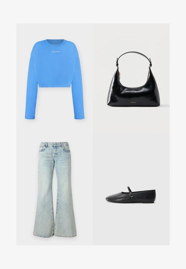 Hellblaues langärmeliges Cropped-Top mit Rundhalsausschnitt, mit weißem "Calvin Klein"-Logo mittig auf der Brust.; Hellblaue Schlagjeans aus Denim, mit hoher Taille, Taschen und ausgefransten Säumen. Der Stoff hat eine verblasste Waschung und eine subtile Textur.; Schwarze Leder-Ballettschuhe mit spitzem Schuhzeug, flacher Sohle und einem kleinen Riemen mit silberner Schnalle.; Schwarze, glänzende Calvin Klein Handtasche mit goldfarbenem Reißverschluss und kurzem Trageriemen vor schlichtem weißem Hintergrund.