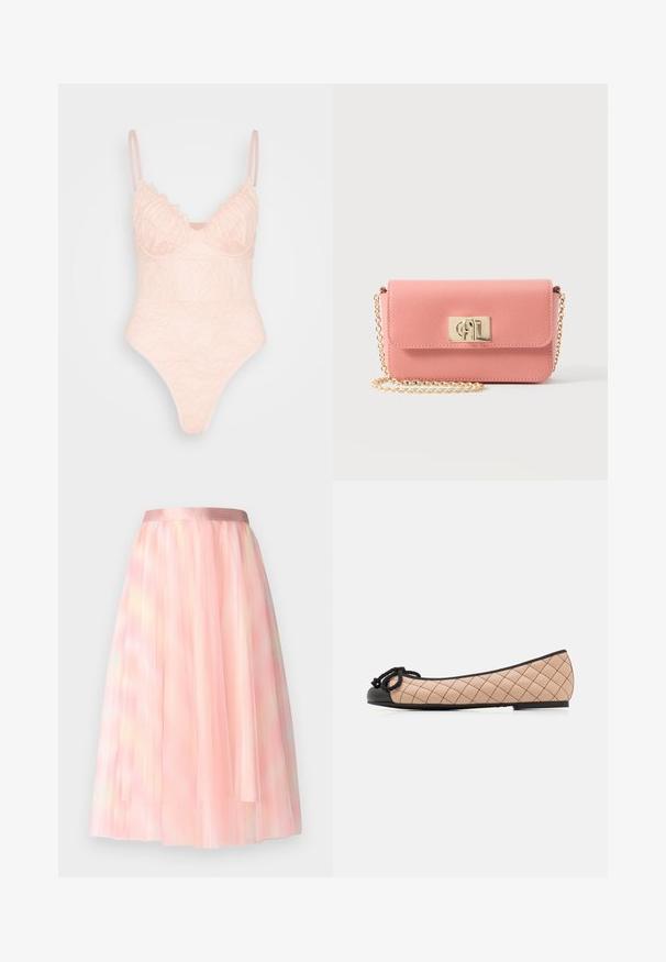 IN THE STYLE LINGERIE BODYSUIT - Top - rosé; Ida Sjöstedt FLAWLESS SKIRT - sukňa v tvare A - pink; Baleríny v svetlo béžovej prešívanej koži s čiernym lakovaným špičným krytom a detailom mašle. Štíhly profil s matným povrchom a jemným švom.; Ružová kožená crossbody taška so zlatým retiazkovým popruhom a obdĺžnikovou zlatou sponou na bielom pozadí.
