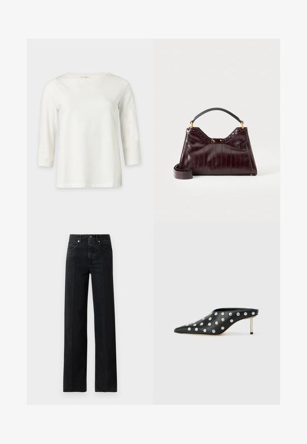 Chemise blanche à manches longues avec un col rond, présentée sur un fond clair uni.; Jeans en denim noir avec une coupe droite. Comprend cinq poches, une fermeture bouton et des détails de couture minimalistes. Design classique.; STAND STUDIO KELSEY - Mules à talons - black; Sac à main en cuir bordeaux foncé avec motif texturé, poignée supérieure noire, accessoires dorés et bandoulière amovible sur fond blanc.