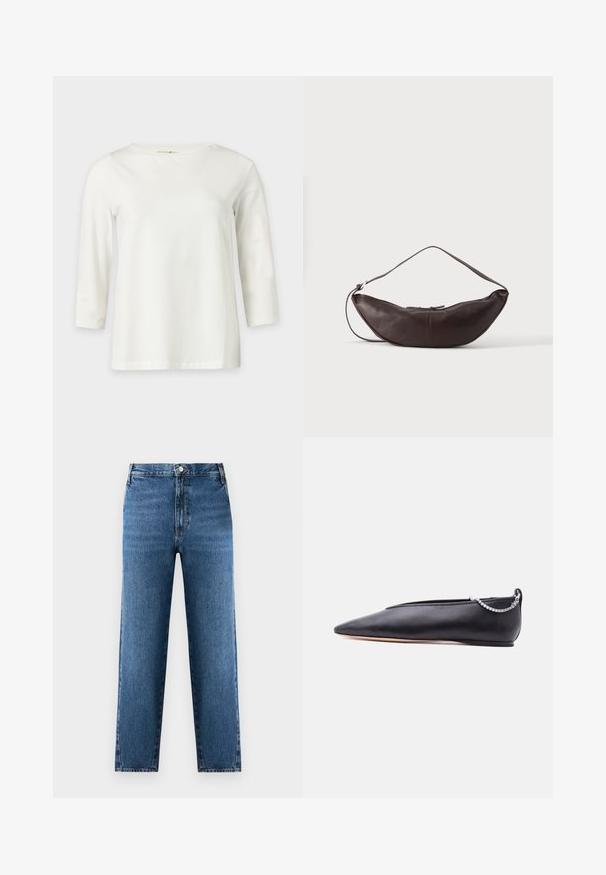 Chemise blanche à manches longues avec un col rond, présentée sur un fond clair uni.; Jean droit bleu à taille haute, fabriqué en denim. Présente une fermeture à bouton et zip à l'avant, avec un léger délavage sur le tissu.; Chaussure plate noire en cuir pointue avec un petit talon et un détail de chaîne argentée à l'arrière sur un fond uni.; Sac d'épaule en cuir marron foncé en forme de croissant avec une lanière courbée et des coutures visibles sur fond uni.