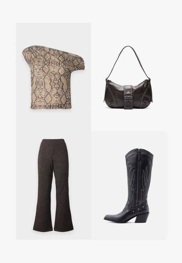 Tela texturizada en tonos beige y marrón con un patrón de piel de serpiente, con una forma asimétrica, diseñada para un aspecto moderno y único.; Pantalones negros acampanados hechos de un tejido texturizado con un diseño de punto, que cuentan con una cintura alta y piernas anchas.; Botas vaqueras de cuero negro con puntera puntiaguda, costuras visibles, detalles de tachuelas plateadas y cierre de cremallera en el lado interior.; Bolso de hombro de cuero marrón con forma curva, que presenta un prominente detalle de hebilla, costuras en contraste y una sola correa para el hombro.