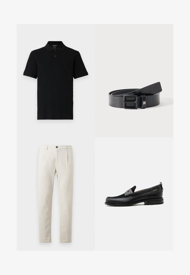 Schwarzes kurzärmeliges Poloshirt mit zwei Knöpfen, geripptem Kragen und Bündchen sowie dezent geprägt Logo auf der linken Brust.; Beige Baumwollhosen mit geradem Bein, ausgestattet mit einem einzelnen schwarzen Knopfverschluss und zwei Vorderaschen. Glatte Textur.; Schwarzer Lederloafer mit grauem Riemendetail, niedrigem Absatz und strukturierter Sohle, seitlich mit „HUGO“ in Gold gebrandmarkt.; Schwarzer Ledergürtel mit matter schwarzer Metallschnalle, leicht gerollt mit Gürtelende auf einer weißen Oberfläche liegend.