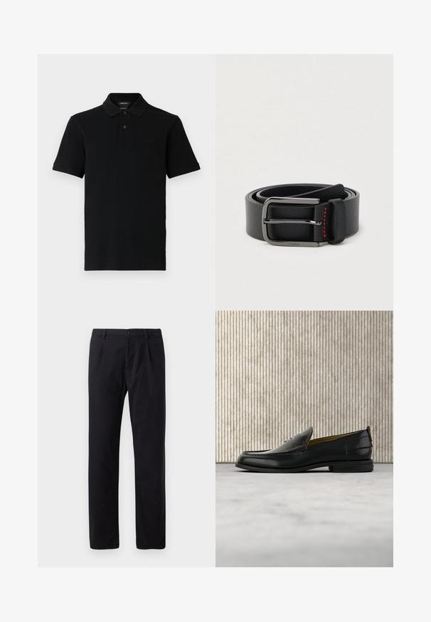 Schwarzes kurzärmeliges Poloshirt mit zwei Knöpfen, geripptem Kragen und Bündchen sowie dezent geprägt Logo auf der linken Brust.; Schwarze Hosen aus Baumwollmischung mit klassischem geradem Schnitt, Knopfverschluss und ohne sichtbare Muster oder Verzierungen.; Schwarzer Herren-Slipper aus Leder mit einer krokogeprägten Vorderkappe und einem niedrigen Absatz, im Profil vor neutralem Hintergrund gezeigt.; Schwarzer Ledergürtel mit silberner Schnalle und roten Steppnähten, aufgerollt vor einem schlichten hellen Hintergrund.