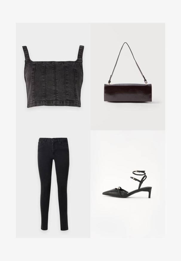 Μαύρο τζιν crop top με φαρδιές τιράντες, παρουσιάζοντας κατακόρυφες ραφές και δομημένη εφαρμογή. Απαλή υφή με ελαφρώς ξεθωριασμένο φινίρισμα.; Μαύρα στενά τζιν παντελόνια από τζιν με λεία υφή. Διαθέτει μπροστινές τσέπες και διακοσμητική ραφή κατά μήκος των πλευρικών ραφών.; Μαύρα δερμάτινα πέδιλα με λεπτό τακούνι, μυτερή μύτη, λεπτές λουρίδες στον αστράγαλο, χρυσές λεπτομέρειες και κομψό σχέδιο. Λείος υφής και μινιμαλιστικός σχεδιασμός.; Ορθογώνια μαύρη δερμάτινη τσάντα χειρός με ένα μακρύ λουράκι και λαμπερό φινίρισμα, απεικονισμένη σε απλό λευκό φόντο.