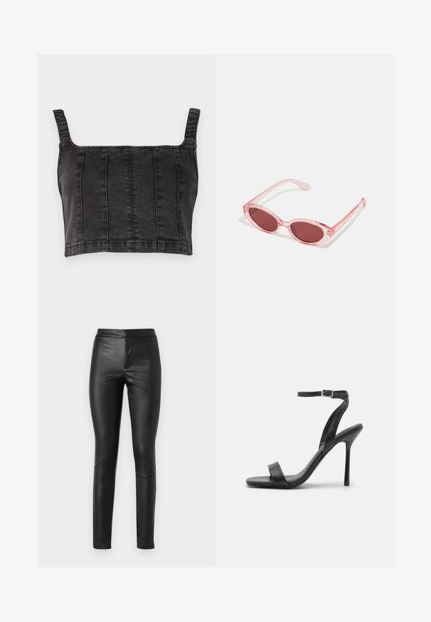 Top court en denim noir avec de larges bretelles, présentant des coutures verticales et une coupe structurée. Texture lisse avec une finition légèrement délavée.; Leggings en cuir noir avec une texture lisse, coupe slim et taille haute. Comprend une couture avant pour une apparence élégante.; Sandale à talons hauts noire avec une fine sangle au niveau de la cheville et deux bandes à l'avant. Fabriquée en cuir lisse avec un bout pointu élégant et un talon aiguille.; Lunettes de soleil transparentes roses avec des verres ovales, teintés d'un rouge foncé, et des branches fines, présentant une finition lisse et des détails subtils sur la monture.