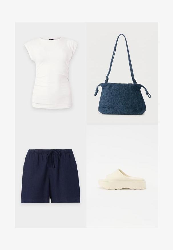 Camiseta blanca ajustada de manga corta y cuello redondo sobre fondo liso, con un ligero detalle fruncido en el lateral.; Pantalones cortos casual azul marino con cintura elástica y cordón ajustable, hechos de tela ligera.; Sandalia beige sin correa con una superficie lisa similar al caucho, puntera redondeada, suela gruesa y fondo texturizado para un mejor agarre. Diseño minimalista.; Bolso de hombro de mezclilla azul oscuro con extremos de correa anudados y forma rectangular simple sobre un fondo blanco.