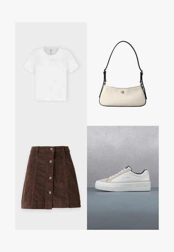 Schlichtes weißes Kurzarm-T-Shirt mit kleinem "Calvin Klein"-Logo mittig unter dem Halsausschnitt, dargestellt auf hellem Hintergrund.; Brauner Cord-Rock im A-Linien-Schnitt mit vorderem Knopfverschluss und Seitentaschen, mit Gürtelschlaufen und vertikalen Nahtdetails.; Weißer Calvin Klein Sneaker mit schwarzer Innenausstattung und weißen Schnürsenkeln, der über einer gefliesten Holz- und Kiesoberfläche im Freien schwebt.; Kleine schultertasche in cremefarben mit schwarzem Besatz, verstellbarem schwarzem Riemen und silbernem "cK"-Logo in der Mitte vorne.