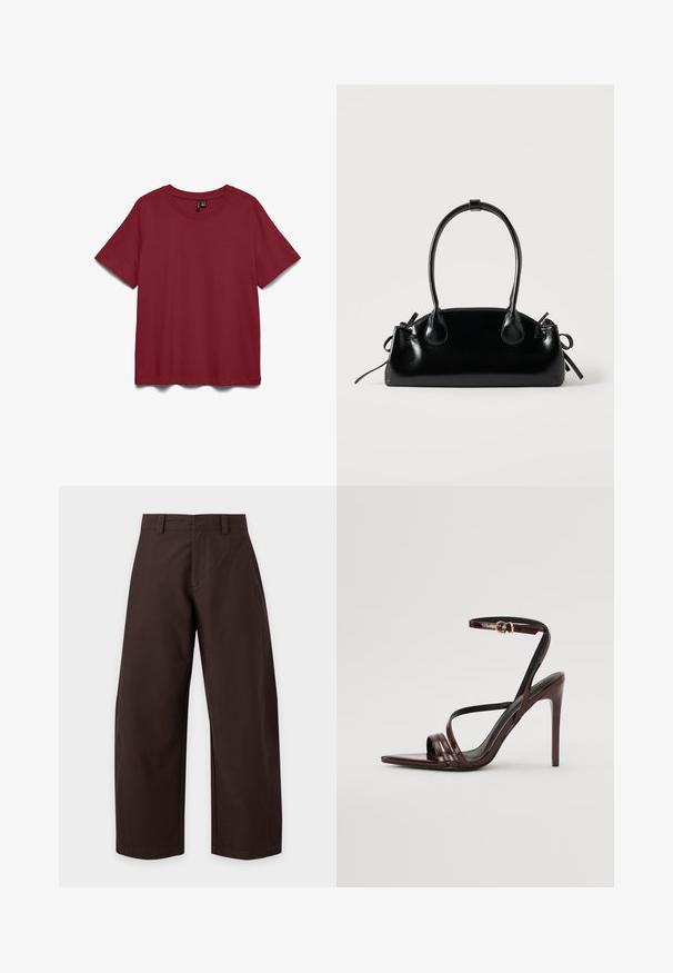 T-shirt à manches courtes, col rond, uni de couleur rouge foncé, présenté à plat sur fond blanc.; Pantalon large marron foncé avec passants de ceinture et détails de couture avant, présenté sur un fond clair uni.; Sandale à talons hauts en cuir verni bourgogne avec une bride de cheville, bout pointu et trois bandes horizontales sur le pied. Détail de boucle dorée.; Petit sac à main noir brillant avec deux longues anses et des détails à cordon sur les côtés sur un fond clair uni.