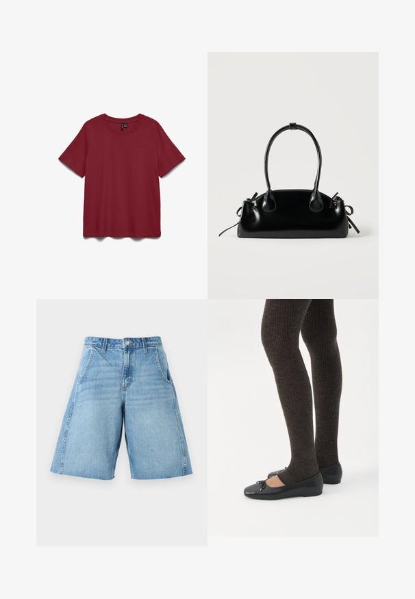 T-shirt à manches courtes, col rond, uni de couleur rouge foncé, présenté à plat sur fond blanc.; Short en jean bleu clair avec poches avant, passants de ceinture et fermeture par bouton, présenté sur fond blanc.; Jambes portant des leggings côtelés foncés associés à des ballerines noires avec de petits détails en nœud sur fond blanc.; Petit sac à main noir brillant avec deux longues anses et des détails à cordon sur les côtés sur un fond clair uni.