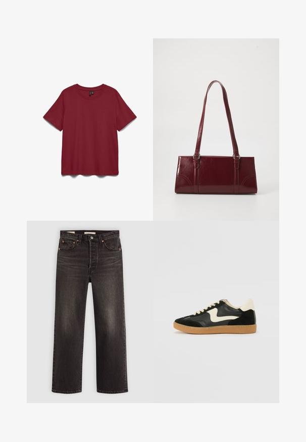 T-shirt à manches courtes, col rond, uni de couleur rouge foncé, présenté à plat sur fond blanc.; Jeans en denim noir avec une coupe droite. Comprend des rivets en cuivre et des poches. Texture lisse et finition légèrement décolorée.; Baskets en daim et cuir noir avec un swoosh latéral crème et un talon crème clair. Dotées de lacets beige et d'une semelle en caoutchouc gomme.; Sac à main bordeaux en matériau brillant, de forme rectangulaire, avec deux anses et des accents légèrement courbés à l'avant.
