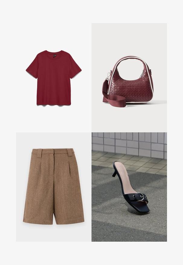 T-shirt à manches courtes, col rond, uni de couleur rouge foncé, présenté à plat sur fond blanc.; Shorts ajustés en motif chevrons brun avec passants de ceinture et plis avant, présentés sur un fond blanc uni.; Mule sandale à talon noir avec bout carré, boucle argentée sur la bride, posée sur l'asphalte près d'un mur carrelé.; Sac à main en cuir tressé marron foncé avec poignée courbée, garniture blanche, fermeture éclair argentée et bandoulière large en tissu amovible sur fond uni.