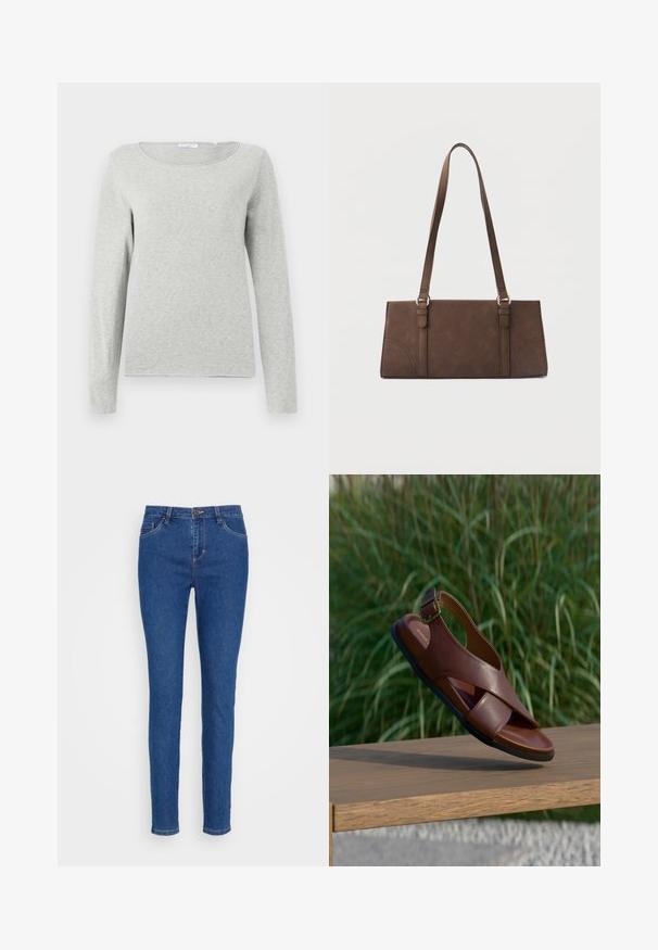Hellgraues Langarmshirt aus weichem Stoff, mit Rundhalsausschnitt und lässiger Passform, sanfter Textur und ohne sichtbare Muster.; Schmale Jeans aus mittlerem blauen Denim mit einer mittelhohen Taille, im Fünf-Taschen-Design und mit subtilen Stichakzenten. Glatte Textur und klassischer Schnitt.; Braune Ledersandale mit gekreuztem Riemendesign, Schnallendetail am Knöchel und einer strukturierten schwarzen Gummisohle.; Braune rechteckige Schultertasche mit langen Trägern und minimalen Steppnähten vor einfarbigem Hintergrund.
