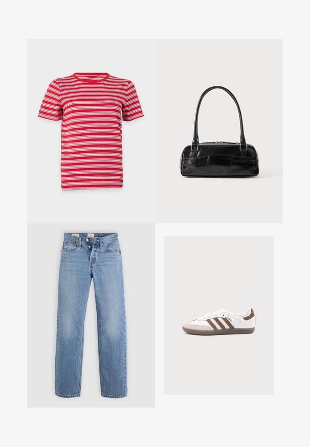 Kortærmet T-shirt med rund hals og røde, hvide og lyserøde vandrette striber, vist på hvid baggrund i flat-lay-stil.; Lysblå denimjeans med lige ben-design, metalknaplukning, forlommer og diskrete falmenotater over det hele.; Hvid Adidas Samba sneaker med brune ruskindstriber, brun ruskindstå og gummisål på en lys grå baggrund.; Sort læderhåndtaske med rektangulær form, der har et enkelt struktureret håndtag, sølvhardware og lynlås-lukning. Glat tekstur.
