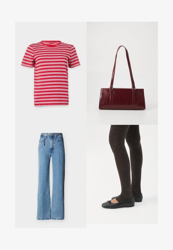 T-shirt à manches courtes et col rond avec des rayures horizontales rouges, blanches et roses, présenté sur un fond blanc en style flat-lay.; Jean denim bleu clair taille haute avec jambes larges, cinq poches, et une ceinture en denim assortie avec œillets en métal et boucle.; Jambes portant des leggings côtelés foncés associés à des ballerines noires avec de petits détails en nœud sur fond blanc.; Sac à main bordeaux en matériau brillant, de forme rectangulaire, avec deux anses et des accents légèrement courbés à l'avant.