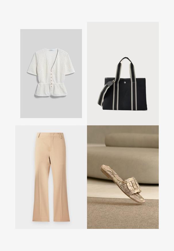 Cárdigan de crochet blanco de manga corta con cuello en V, cinco botones de madera en la parte delantera y cintura fruncida que crea una silueta peplum.; Pantalones anchos beige con una textura suave, presentan una cinturilla de altura media y pliegues frontales limpios. Diseño sencillo, sin adornos visibles.; Sandalia tipo slide con estampado de serpiente y suela plana, con una correa ancha y superficie texturizada. Los colores son beige y marrón, con patrones sutiles.; Bolso tote de lona negra con asas de doble raya crema y correa de hombro desmontable a juego sobre un fondo liso y claro.