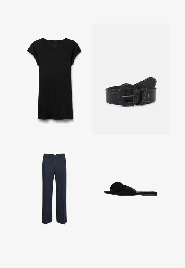 Zwart shirt met korte mouwen van ribgebreide stof, ronde hals en licht opgerolde boorden, afgebeeld op een witte achtergrond.; Donkerblauwe, wijde jeans met een klassieke tailleband en voorzakken, ontworpen voor een comfortabele pasvorm en veelzijdige stijl.; Zwarte platte muilezel sandaal met open teen en een grote decoratieve suède strik op het bovenste deel.; Zwarte leren riem met een vierkante gesp, verfraaid met contrasterende stiksel en een gladde textuur, met een traditioneel ontwerp voor de riemlus.
