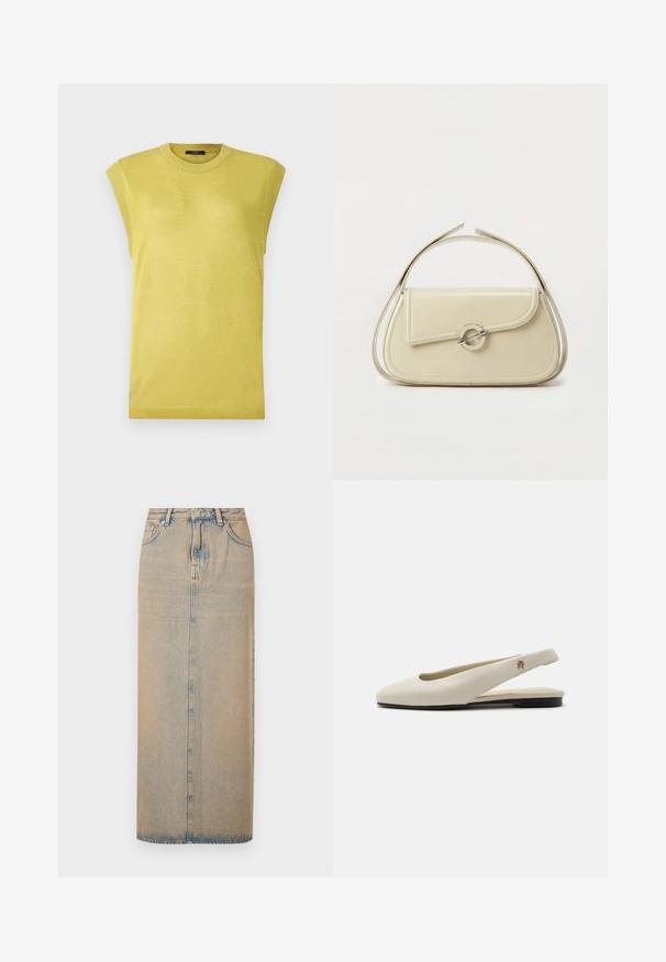 Haut sans manches en tricot jaune avec un col rond, présentant un tissu légèrement texturé et des accents côtelés sur les bords des épaules.; Une longue jupe en denim bleu clair avec une coupe droite. Comprend cinq poches, des passants de ceinture et un multiplicateur de boutons à l'avant. Texture décolorée sur toute la surface.; Chaussure plate slingback en cuir couleur crème avec un bout arrondi et un petit emblème doré sur la bride.; Sac à main en cuir crème avec rabat incurvé, fermoir circulaire en argent et poignée courte sur le dessus, sur fond blanc uni.