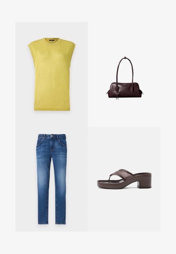 Haut sans manches en tricot jaune avec un col rond, présentant un tissu légèrement texturé et des accents côtelés sur les bords des épaules.; Jean en denim bleu ajusté avec une finition délavée, cinq poches, fermeture à bouton à l'avant et détails de couture contrastés.; Sandale marron à talon avec lanière en mesh et design en tige, dotée d'un talon bloc et d'une semelle cousue, présentée de profil sur fond blanc.; Sac à main en cuir brun foncé Calvin Klein avec de longues poignées doubles et un petit porte-clé logo suspendu à une poignée.