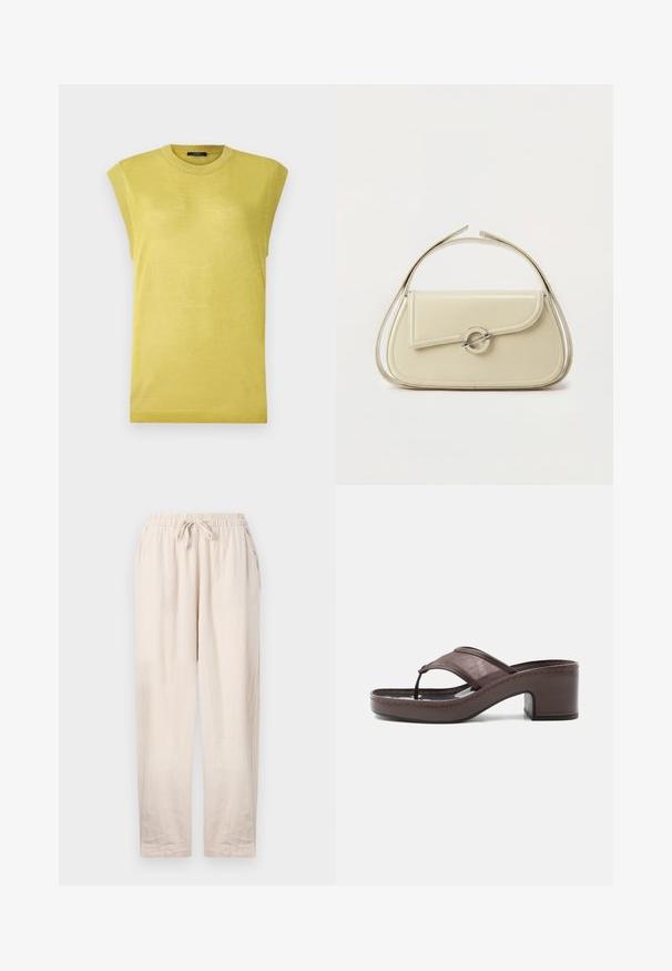 Haut sans manches en tricot jaune avec un col rond, présentant un tissu légèrement texturé et des accents côtelés sur les bords des épaules.; Pantalons en lin beige avec une taille élastique et un cordon de serrage. Comprend deux poches latérales et une coupe décontractée avec des jambes droites.; Sandale marron à talon avec lanière en mesh et design en tige, dotée d'un talon bloc et d'une semelle cousue, présentée de profil sur fond blanc.; Sac à main en cuir crème avec rabat incurvé, fermoir circulaire en argent et poignée courte sur le dessus, sur fond blanc uni.