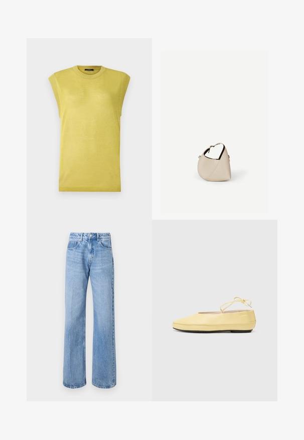 Ærmeløs gul striktop med rund halsudskæring, der har let struktureret stof og ribbede detaljer ved skulderkanterne.; Lyseblå, vid denimjeans med høj talje, fem lomme-design og diskret falmning. Sølvknap og lynlås lukning.; Gule læderballetsko med rund tå, tynd ankelstrop og sort gummisål. Glat tekstur med minimale design detaljer.; Beige læder håndtaske i halvmåneform med en enkelt skulderrem og minimal syning, sat mod en ensartet hvid baggrund.