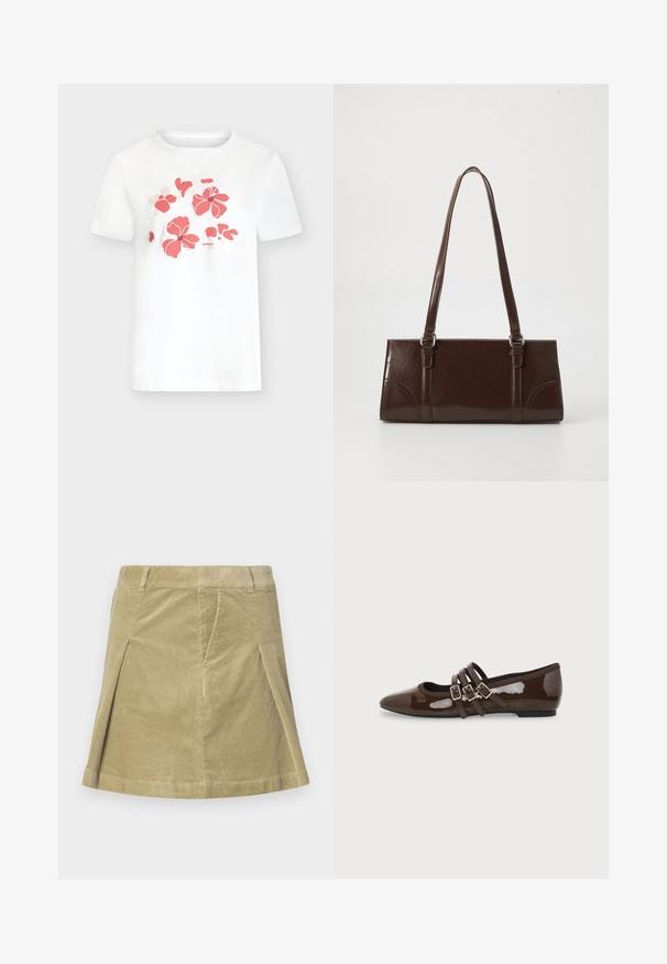 Hvid t-shirt med korte ærmer, koralrosa blomstermønster på brystet og lille brandtekst under blomsterne.; Corduroy nederdel i lys olivengrøn med lodrette ribbet tekstur, der har en flagrende form og to sideåbninger for bevægelse.; Brun laklæder flad sko med spids tå og tre justerbare spænder på siden, vist fra ydersiden.; Brun lakeret håndtaske med rektangulær form, to lange håndtag og subtile buede detaljer på fronten.