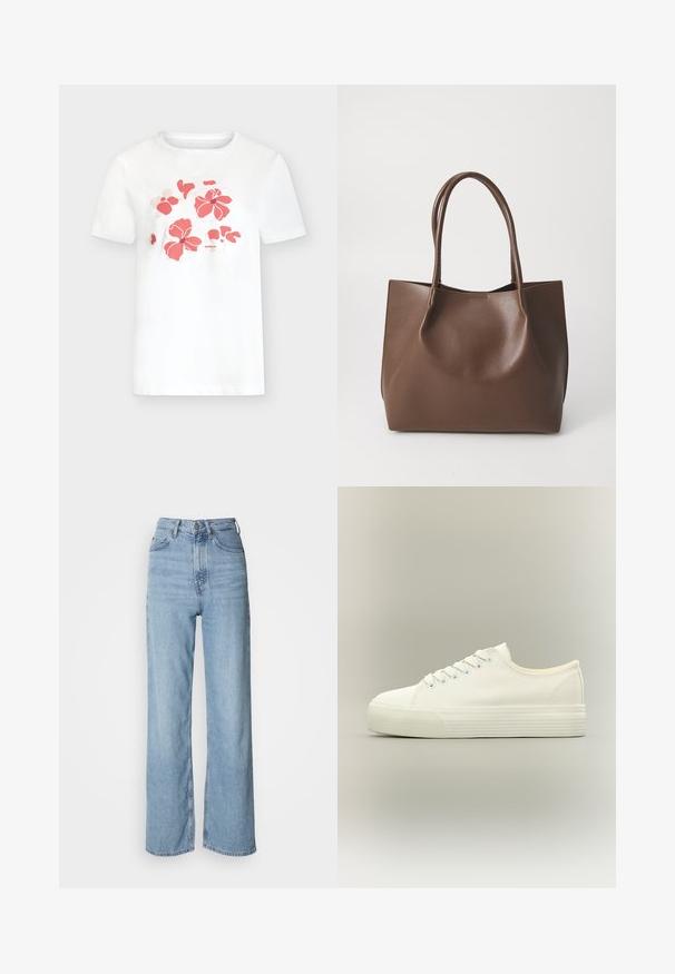 White short-sleeve t-shirt with coral pink floral print on the chest and small brand text below the flowers.; Light blue high-waisted jeans with a straight leg, made of denim, featuring a front button closure and subtle fading details.; White low-top canvas sneaker with lace-up front and thick textured rubber sole on a neutral background.; Brown leather tote bag with two long handles, structured shape, smooth texture, and minimalistic design. No visible hardware or accents.