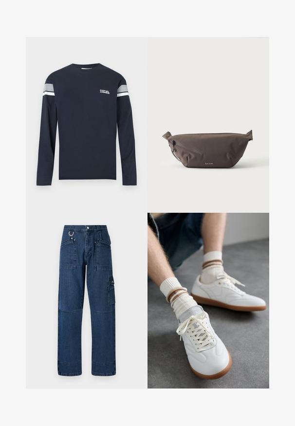 Marineblaues Langarm-T-Shirt aus Baumwollstoff mit Rundhalsausschnitt, einem weißen und grauen Streifen auf den Ärmeln sowie einem kleinen Logo auf der Brust.; Dunkelblaue Denim-Cargo-Hosen mit geradem Schnitt, ausgestattet mit mehreren Taschen, metallischen Beschlägen und Kontrastnähten.; Weiße Ledersneaker mit glatter Textur, grauen Wildlederelementen, beigen Gummisohlen und flachen Schnürsenkeln. Kombiniert mit cremefarbenen und braun gestreiften Socken.; Dunkelbraune Stoff-Gürteltasche mit diagonalem Reißverschlussfach und kleinem weißen Logo vorne, vor einem einfarbigen hellen Hintergrund.