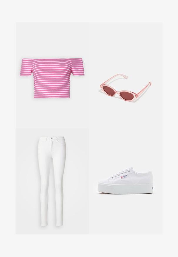Off-the-shoulder pink crop top med hvide striber; lavet af strækbart stof; korte ærmer; tætsiddende design; glat tekstur.; Hvide skinny jeans lavet af strækbart bomuldsblandingsstof, der har forlommer, lynlås og en enkelt knaplukning.; Hvide canvas sneakers med en tyk hvid platformssål, rund tå og metaløjelets til snørebånd. Mærkets logo præsenteret på siden.; Lyserøde transparente solbriller med ovale linser, mørkerød toning og slanke stænger, der har en glat overflade og diskret detaljering på rammen.