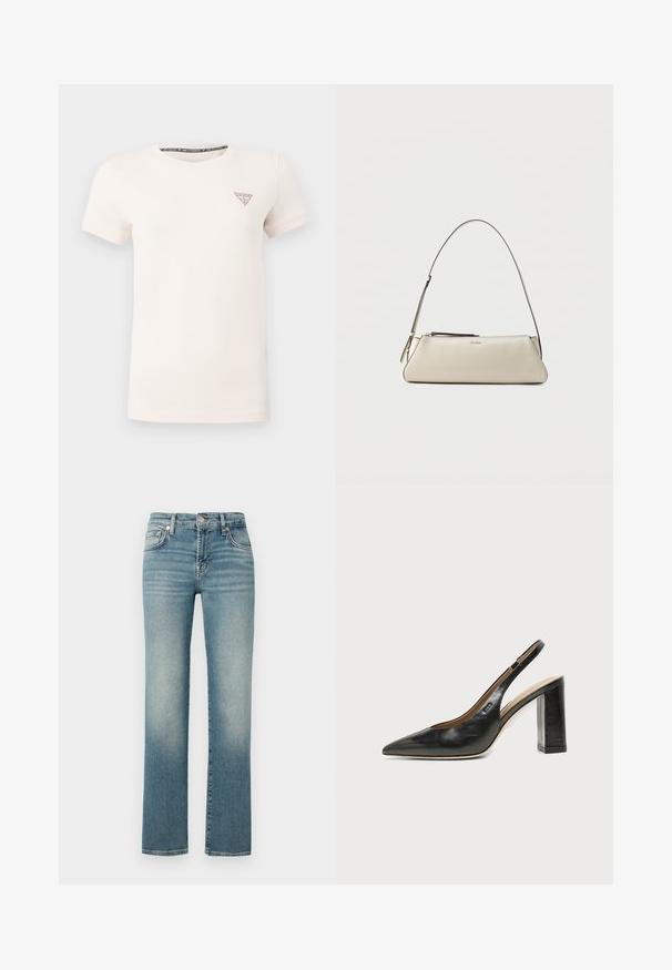 T-shirt blanc à manches courtes et col rond avec petit triangle rouge du logo Guess sur la poitrine gauche, sur un fond uni.; Jean en denim bleu avec une coupe droite, présentant des zones décolorées, un design à cinq poches et une fermeture en métal à la taille.; Chaussure slingback en cuir noir à bout pointu avec un talon bloc haut et une doublure intérieure beige sur un fond clair uni.; Petit sac à épaule en cuir beige avec une fine bandoulière et une fermeture éclair, orné d'un logo métallique discret au centre avant.