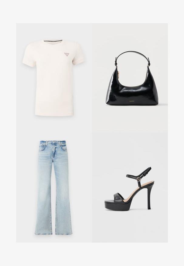 Hvid T-shirt med korte ærmer og rund hals med lille rødt Guess-logo i trekant på venstre bryst mod en ensfarvet baggrund.; Udsvingende lys blå denimjeans med en blød tekstur, fem lommer og knaplukning. Har en afbleget effekt for et slidt udseende.; Sorte platformsandaler med høj stiletthæl, der har en glat læderoverdel, peep toe-design og en justerbar ankelrem med metalbeslag.; Sort blank Calvin Klein håndtaske med gyldent lynlås og kort rem mod en ensfarvet hvid baggrund.