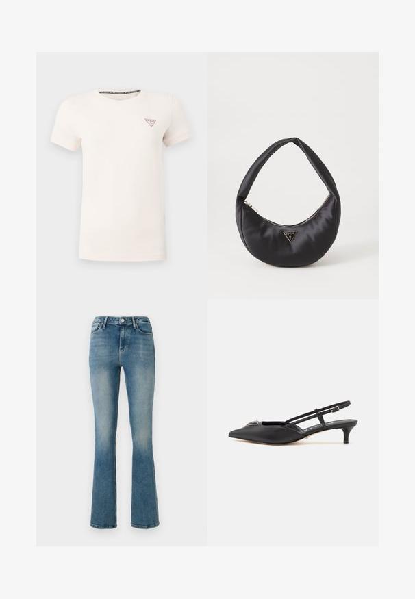 Hvid T-shirt med korte ærmer og rund hals med lille rødt Guess-logo i trekant på venstre bryst mod en ensfarvet baggrund.; Lys blå denim flared jeans med fem lommer, høj talje og sy detaljer. Stoffet viser en let falmet vask og en glat tekstur.; Sorte slingback-sko med spids tå, lavet af glat materiale, med en lille hæl og en dekorativ sølvaccent på vamps.; Sort satin håndtaske med en buet form, der har en lynlåslukning og et trekantet logo i metal på forsiden. Glat tekstur og slankt design.