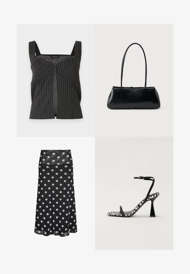 Zwart mouwloos crop top met krijtstreepjes, brede bandjes, knoopsluiting aan de voorkant en getailleerde naden, met het label "Even & Odd".; Zwarte midi rok met witte polka dots en een brede tailleband van meshstof.; Zwart-wit zebra print hoge hak sandaal met een open teen, slanke enkelband en een geometrische blokhak. Glad textuur.; Zwarte rechthoekige schoudertas met lange dunne banden en een gladde, glanzende textuur op een effen achtergrond.