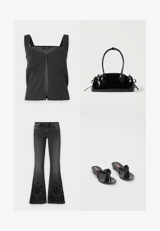 Sort ærmeløs crop top med nålestriber, brede stropper, knaplukning foran og skræddersyede syninger, mærket "Even & Odd."; Sorta jeans med vidde og en falmet finish; har broderede blomsterpatroner i sort ved kanten; denim materiale med en glat tekstur.; Melissa QUANTUM THONG X DIESEL - Sandaler m/ tåsplit - black; Lille sort blank håndtaske med to lange håndtag og snøre-detaljer i siden på en ensfarvet lys baggrund.
