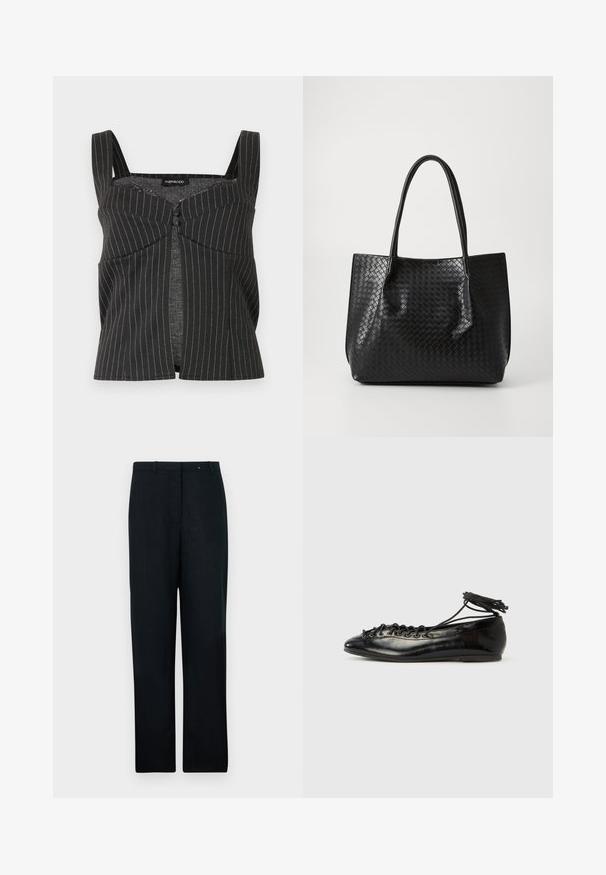 Μαύρο crop top χωρίς μανίκια με λεπτές ρίγες, φαρδιές τιράντες, κουμπιά μπροστά και ραφές προσαρμοσμένες στο σώμα, με ετικέτα "Even & Odd".; Μαύρο λινό παντελόνι με ίσια γραμμή, διαθέτοντας επίπεδο μπροστινό μέρος, θηλιές ζώνης και μία μόνο πτυχιο στο μπροστά μέρος. Λείο υλικό, ραμμένη εφαρμογή.; Μαύρα μπαλαρίνια από δερμάτινο λουστρίνι με στρογγυλερή μύτη, σχέδιο με κορδόνια και επίπεδη σόλα. Ομαλή υφή με ελάχιστες λεπτομέρειες.; Μαύρη υφασμάτινη δερμάτινη τσάντα tote με δύο χερούλια, δομημένο σχήμα και λεπτή γυαλιστερή εμφάνιση σε απλό ανοιχτό φόντο.
